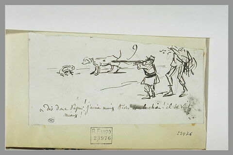 Caricature : un chasseur et son fils face à un lièvre et un chien, image 1/1