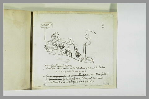Caricature : une femme refusant d'embarquer sur un bateau à vapeur