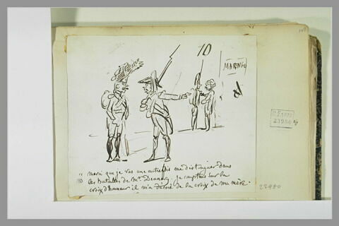 Caricature : homme en costume de soldat de l'empire parlant à un grenadier