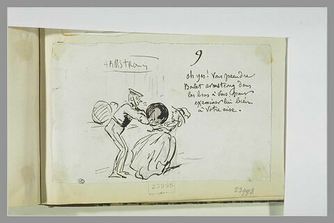 Caricature : un soldat anglais déposant un boulet dans les bras d'une femme, image 1/1