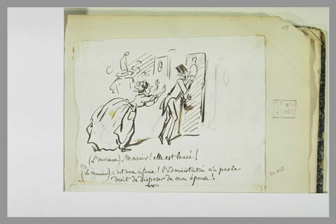 Caricature : ouvreuse de théâtre empêchant un homme de pénétrer dans sa loge, image 1/1
