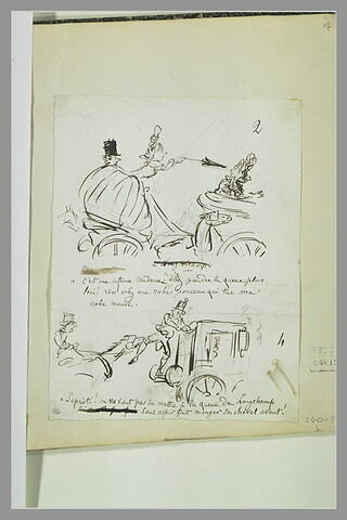 Caricatures : dame interpellant une autre femme ; cheval mordant un laquais