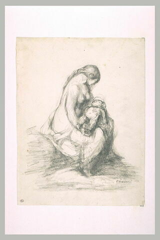 Femme demi nue assise tenant un enfant sur ses genoux