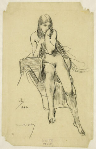 Femme nue, assise sur une selle, de face