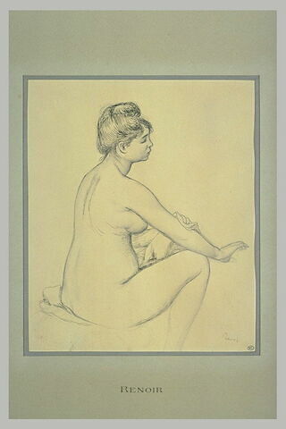 Femme nue assise, de profil à droite, s'essuyant le bras