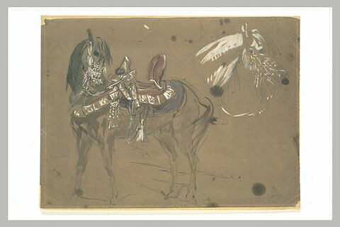 Cheval arabe sellé, tourné vers la gauche, et une autre tête de cheval