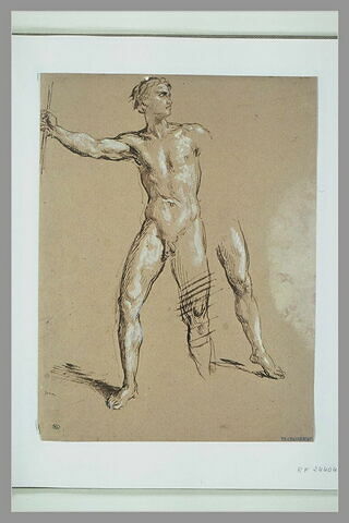 Homme nu, debout, le bras droit tendu ; une jambe gauche