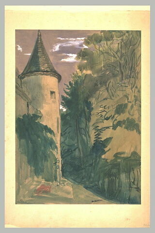 Tour d'un château près d'une éminence boisée, image 1/1