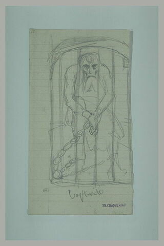 Homme, debout, enchaîné, derrière une porte munie de barreaux, image 1/1