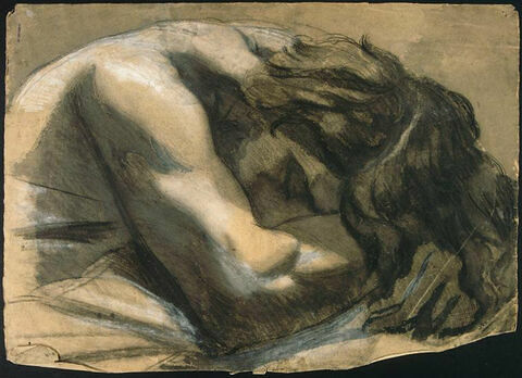 Buste d'homme nu endormi, la tête dans les bras, de trois quarts à gauche