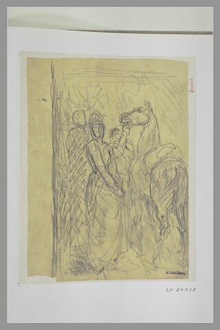 Femme, debout, de face, joignant les mains et deux figures près d'un cheval, image 1/1