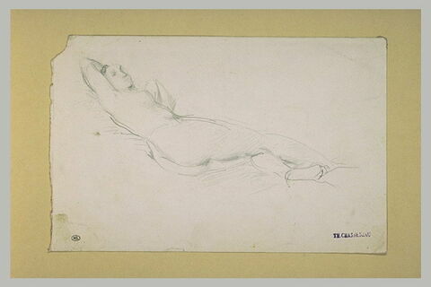 Femme nue étendue, tête à gauche, le bras droit derrière sa nuque, image 1/1