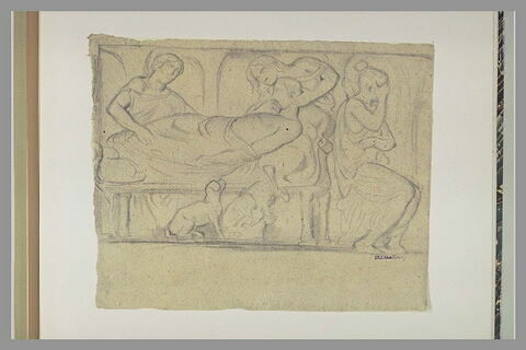 Bas-relief : deux femmes soutenant un homme expirant sur un lit