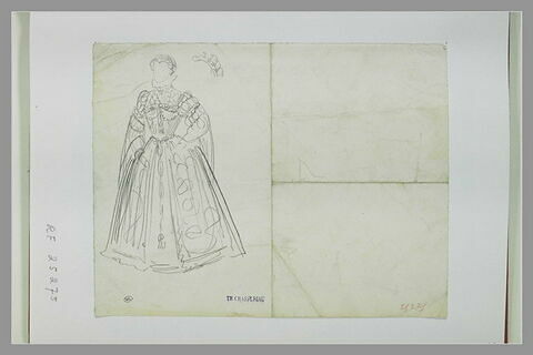 Femme en costume de la fin du XVIe siècle, debout ; diadème, image 1/1