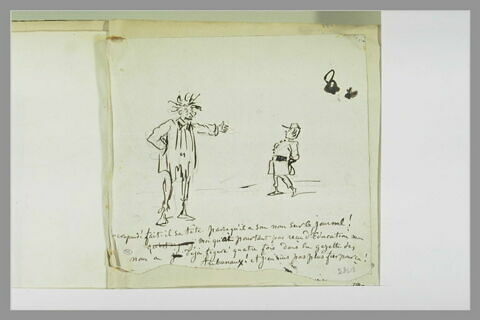 Caricature : homme en blouse désignant de la main un collégien