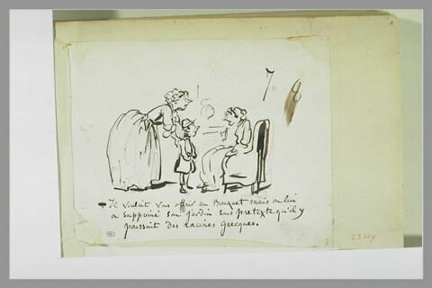 Caricature : femme présentant un collégien à une autre femme assise, image 1/1
