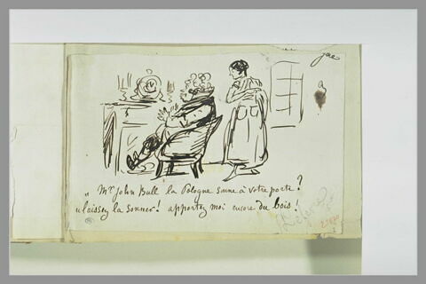 Caricature : un gros homme près d'une cheminée et une femme debout, image 1/1