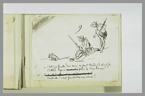 Caricature : deux chasseurs, l'un assis, l'autre debout, regardant un lapin