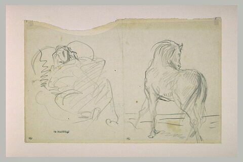 Homme allongé ; cheval, vu de dos, tournant la tête vers la droite, image 1/1