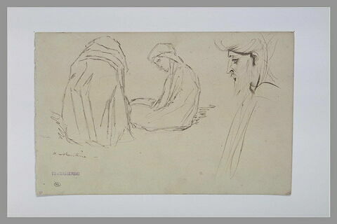 Etude de deux figures orientales assises sur le sol et d'un homme de profil, image 1/1