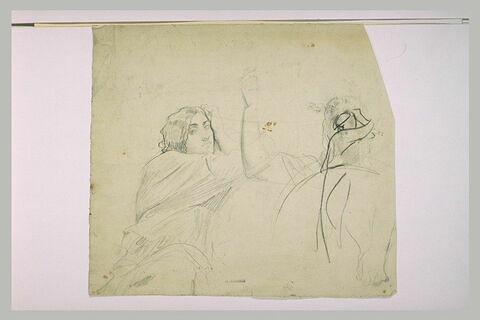 Femme assise, en buste, et femme de face, en buste, derrière un bouclier, image 2/2
