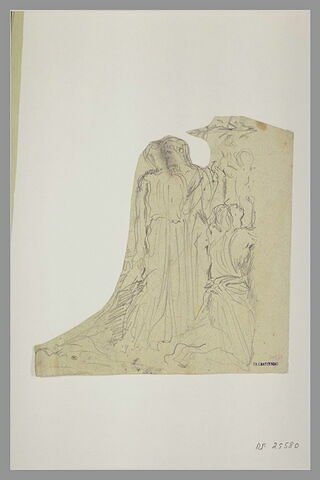 Homme et femme enlacés ; femme à genoux élevant un enfant au-dessus d'elle, image 1/1