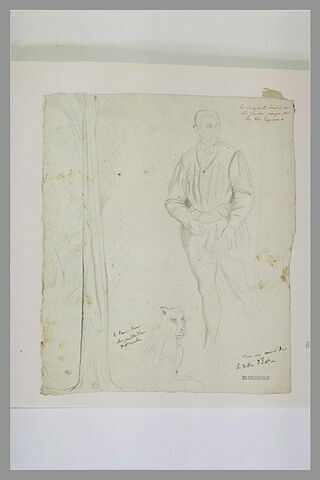 Homme en costume de la Renaissance et singe, près d'un arbre