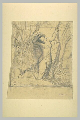 Femme demi nue, agenouillée dans un paysage, se lamentant