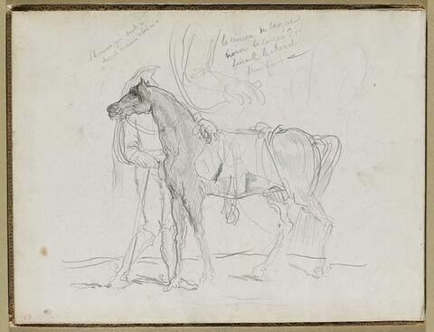 Cavalier tenant son cheval par la bride ; notes manuscrites, image 1/1