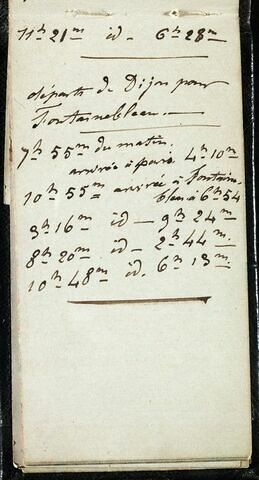 Notes manuscrites : départs de Fontainebleau pour Paris