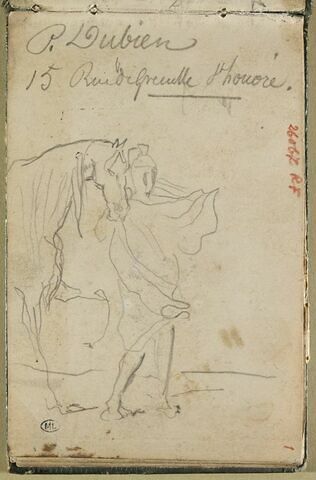 Cavalier antique à pied devant sa monture, et notes manuscrites