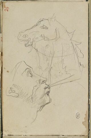 Tête d'homme, de profil à droite, et deux têtes de chevaux