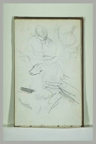 Etude d'une femme assise se tenant la tête ; reprise ; croquis de palmettes, image 1/1