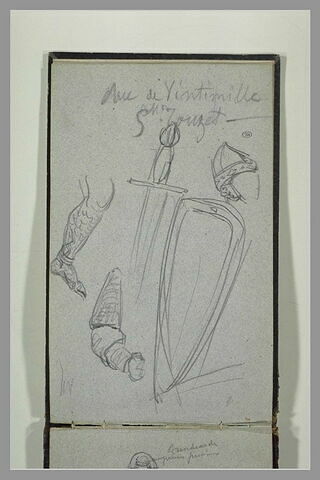Epée ; casque ; bouclier ; jambière ; cubitière ; annotation manuscrite, image 1/1