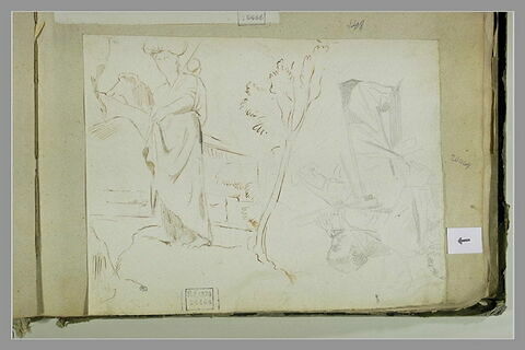 Femme dans un paysage escarpé ; trois religieux tournés vers la droite, image 1/1