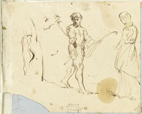 Femme aux bras levés ; homme tirant un cheval ; femme de dos, image 1/2