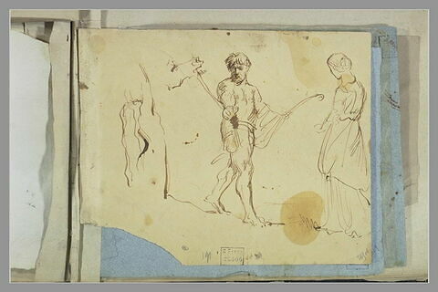 Femme aux bras levés ; homme tirant un cheval ; femme de dos, image 2/2