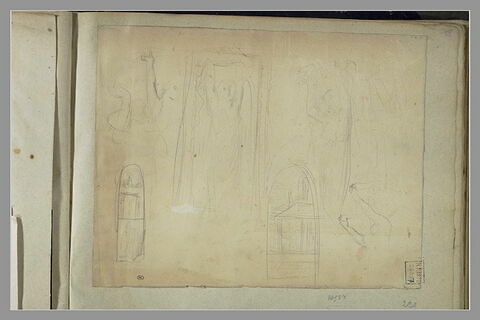 Femme mi-corps levant un bras ; schéma d'un tableau d'autel ; autres femmes, image 2/2