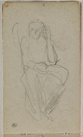Femme assise, portant sa main gauche, au côté gauche de sa tête