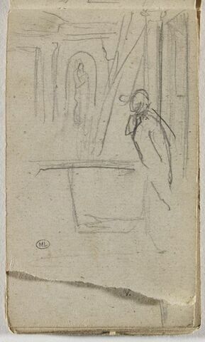 Figure regardant une statue nichée, dans un décor, image 1/1