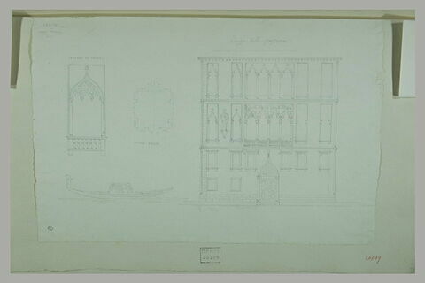 Venise : étude d'une fenêtre de palais ; plan d'église ; façade ; gondole