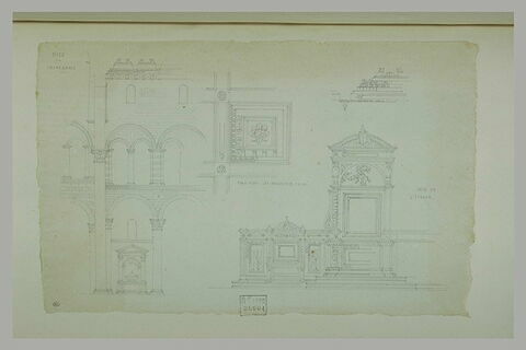 Pise : coupe latérale de la cathédrale, ornement et siège de l'évêque