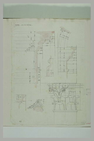 Etudes d'après l'arc de Gallien à Rome ; coupes ; études de chapiteau