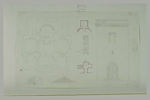 Trois plans : un campanile, deux charpentes et une façade à Spolète