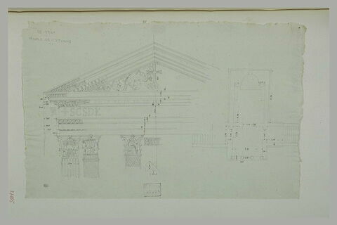 Plan, et fronton du temple de Clitumne à Le Vene