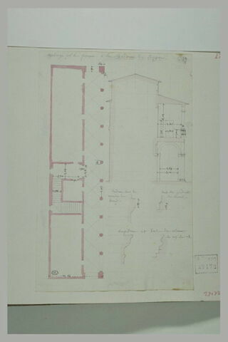 Un plan, coupe d'un bâtiment, quatre profils de moulures, image 1/1