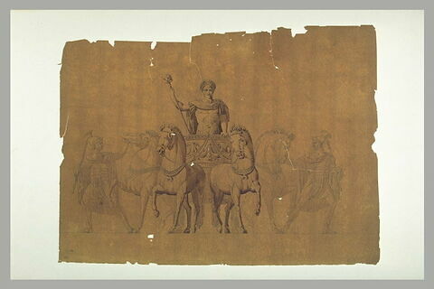 Empereur triomphant sur un quadrige, deux soldats tenant les chevaux