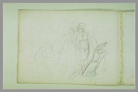 Deux femmes empêchant un guerrier de frapper une femme à genoux, image 1/1