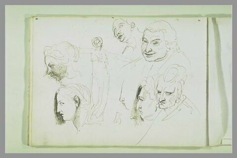 Femme debout, étendant les bras ; six études de têtes ; un profil et un nez, image 1/1