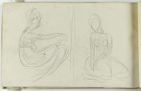 Femme assise, de profil ; femme assise sur ses genoux, image 1/2
